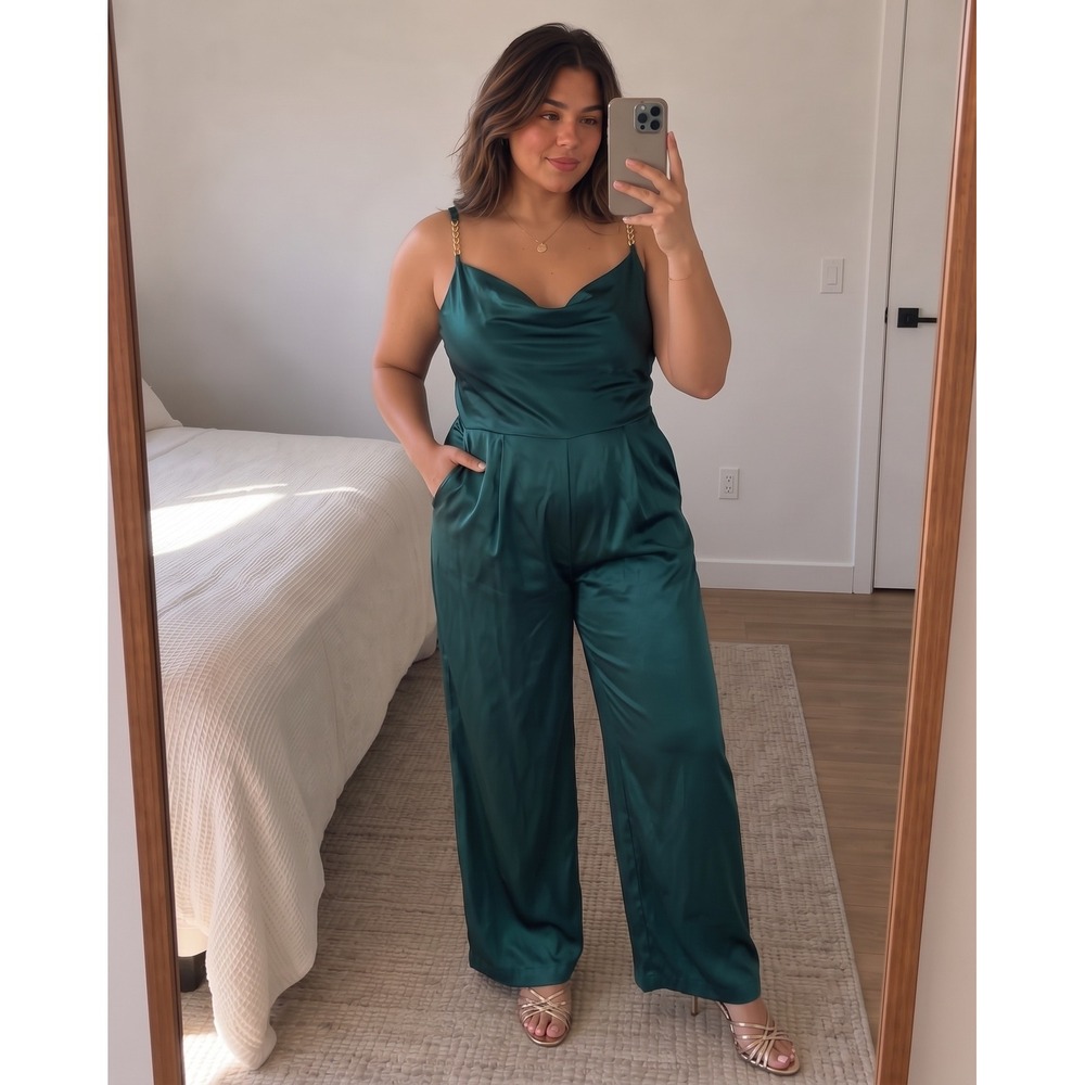 Derek Heart Womens Wide Leg Jumpsuit 1X Green Satin Cowl Neck Chain Strap Glam